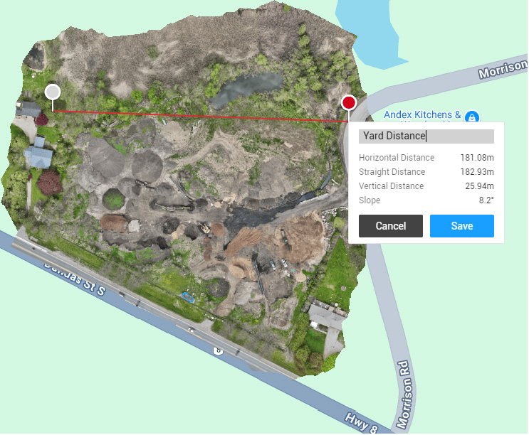 Orthographic Map with Distance and Slope Measurement Orthographic drone map of a property with a measured yard distance and slope calculation overlay.