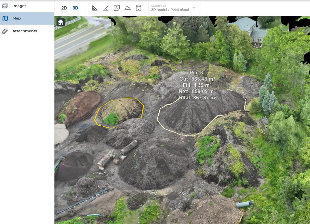 3D drone image showing volumetric measurements of aggregate stockpiles in Southern Ontario, including cut, fill, and total volume data.